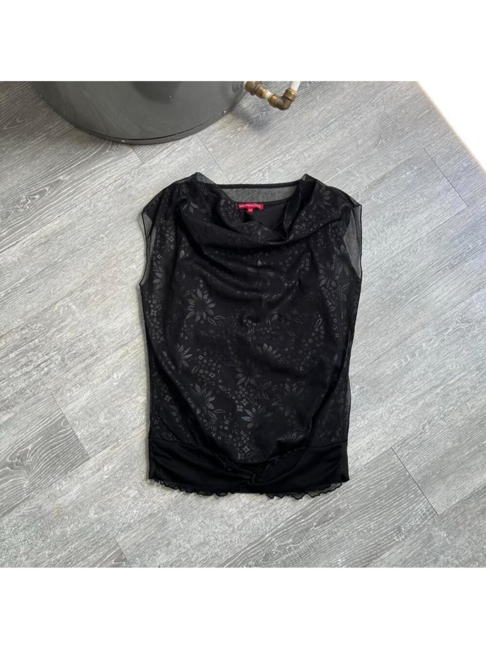 Black “San Francisco” Y2K Floral Style Top / Shirt W/ Cowl Neck And Ruffle Style